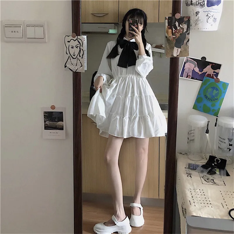 

Japanese Harajuku Autumn Women White Black Dress Gothic Punk Style Turn-Down Collar Bow Dress Cute Kawaii Pleated Cosplay Dress