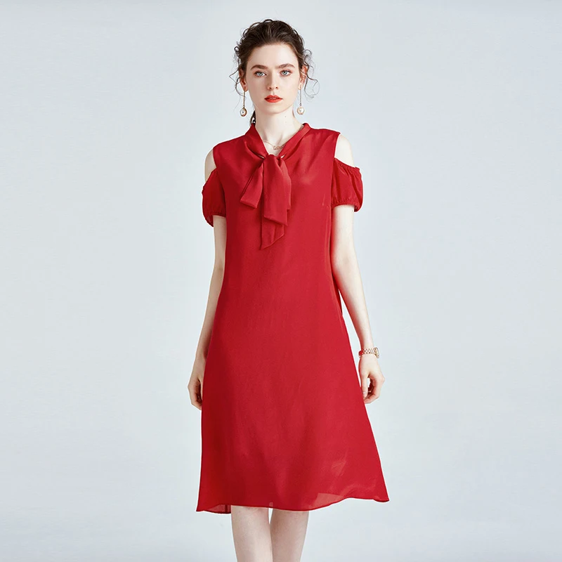 

100% Silk Women's Runway Dresses Bow Collar Sexy Off the Shoulder Fashion High Street Casual Summer Dresses