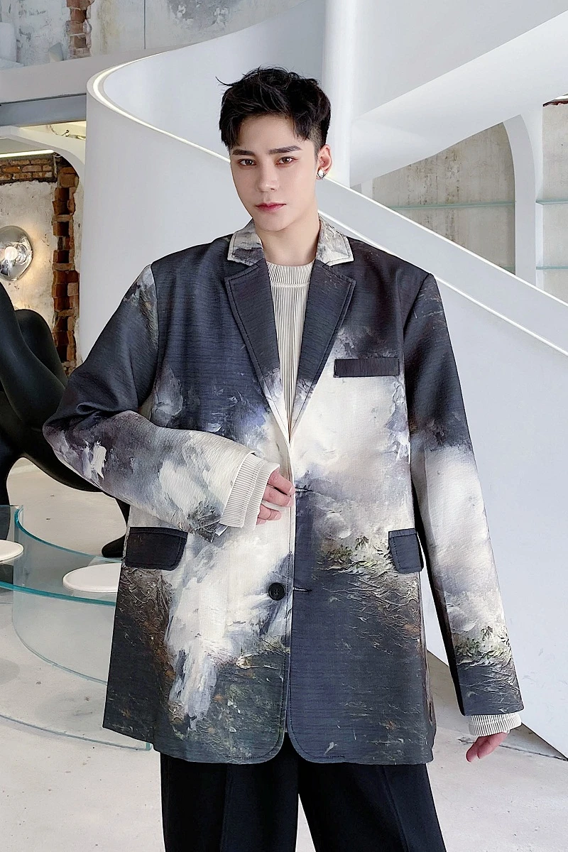

New Male Streetwear Suit Coat Outerwear Men Vintage Pattern Loose Casual Blazers Jacket