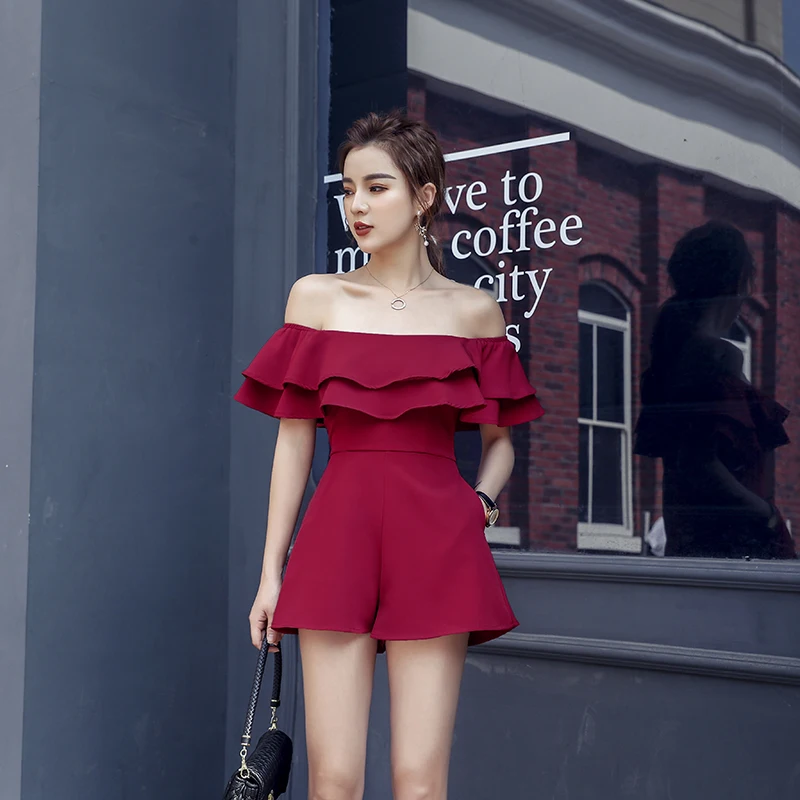 

2020 Summer Playsuits Double-layered Ruffles Jumpsuits Women Strapless Off The Shoulder Slim Female Casual Shorts TA9115