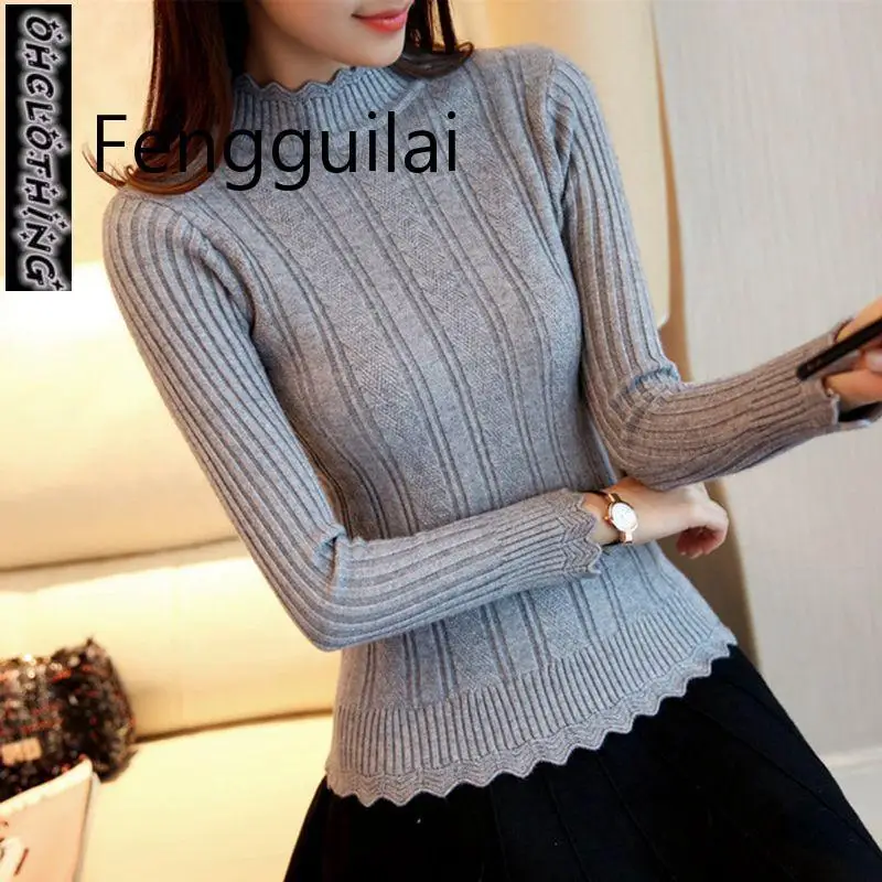 2020 New Fashion Korean Women Knitted Grey Black Sweater Slim Petal Collar Shirt Elastic Bottoming Turtleneck Twist Pullover