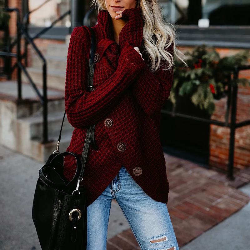 XINKAI Turtleneck Sweater Autumn Causal Loose Buttons Knitted Female Pullover Fashion Irregular Solid Plus Size Jumper Sweaters | Женская
