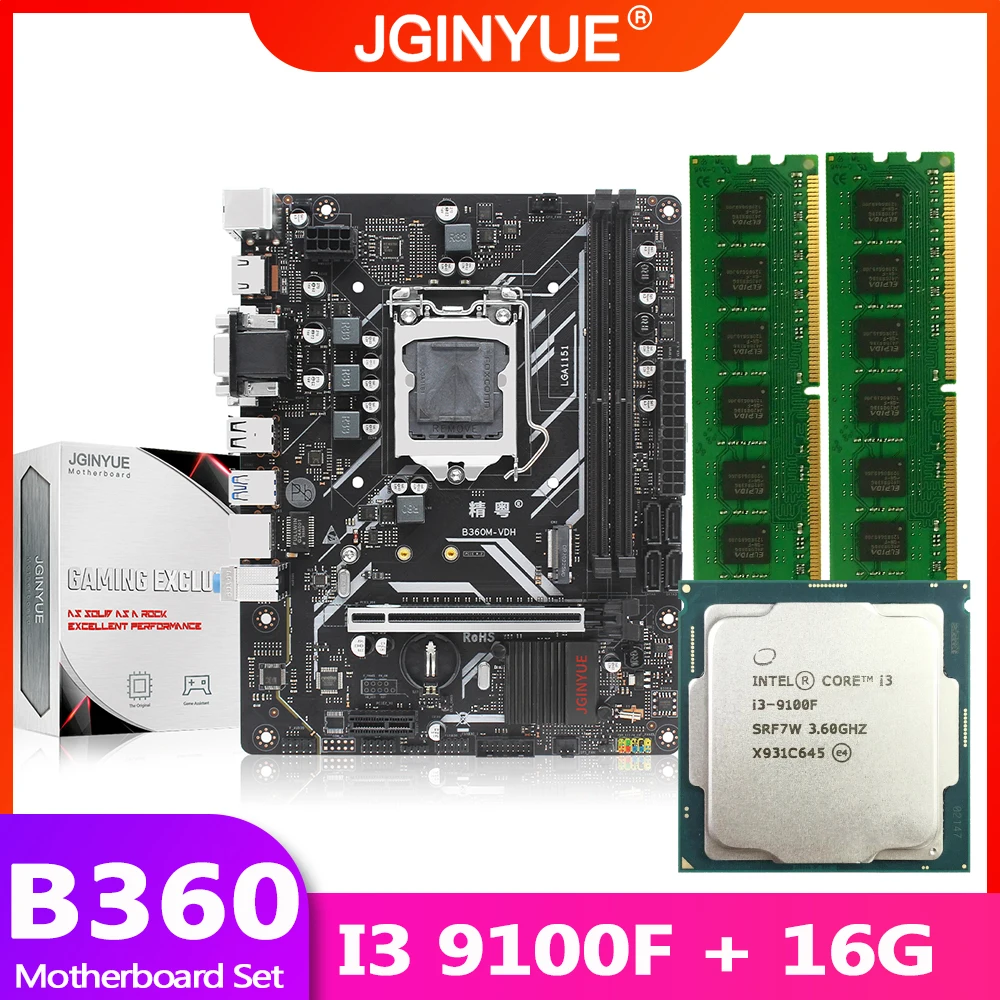 Bestellen JGINYUE B360 Motherboard LGA 1151 Set Kit Mit Intel Core I3-9100F Prozessor 16GB 2*8G DDR4 Speicher M.2 NVME M-ATX B360M-VDH