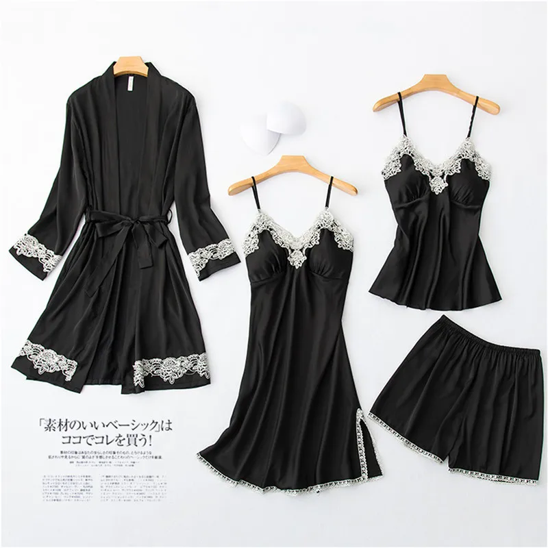 Женская пижама Daeyard шелковый халат и шорты на бретельках комплект из 4 предметов