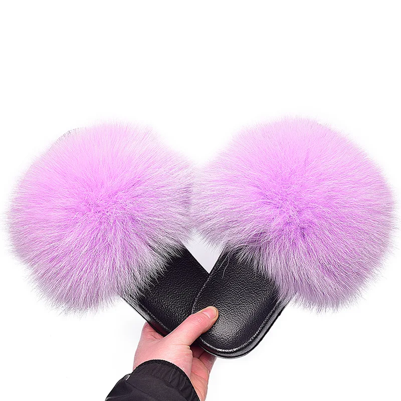 

Furry Real Fox Fur Slippers Fluffy Cute Flip Flops Designer Plush Raccoon Fur home Flat Slides for Women's Summer Sandals Shoes
