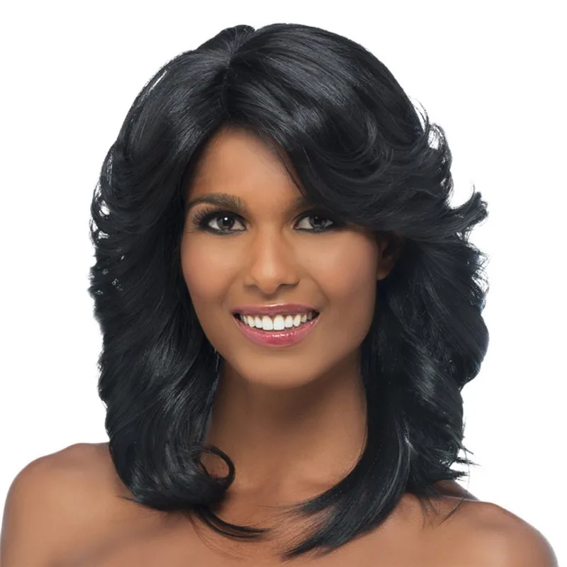

Ladies Long Nature Wavy Black Wig Synthetic Wig With Bangs For Women Daily Party Use Nature Looking Feat Resistant Fiber Wig