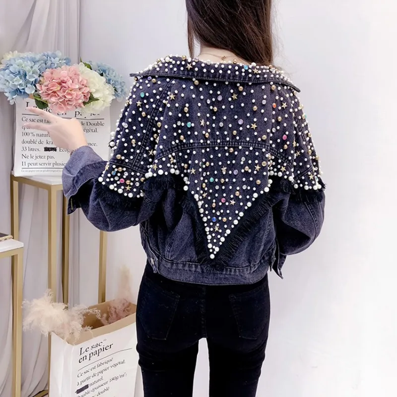 

High Street Embroidered Flares Tassel Womens Shorts Coats Fashion Casual Long Sleeve Single Breasted Lapel Female Denim Jackets