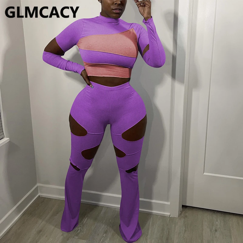 

Женские костюмы из двух предметов с вырезами, Осенний укороченный топ с длинным рукавом и Узкие рваные брюки