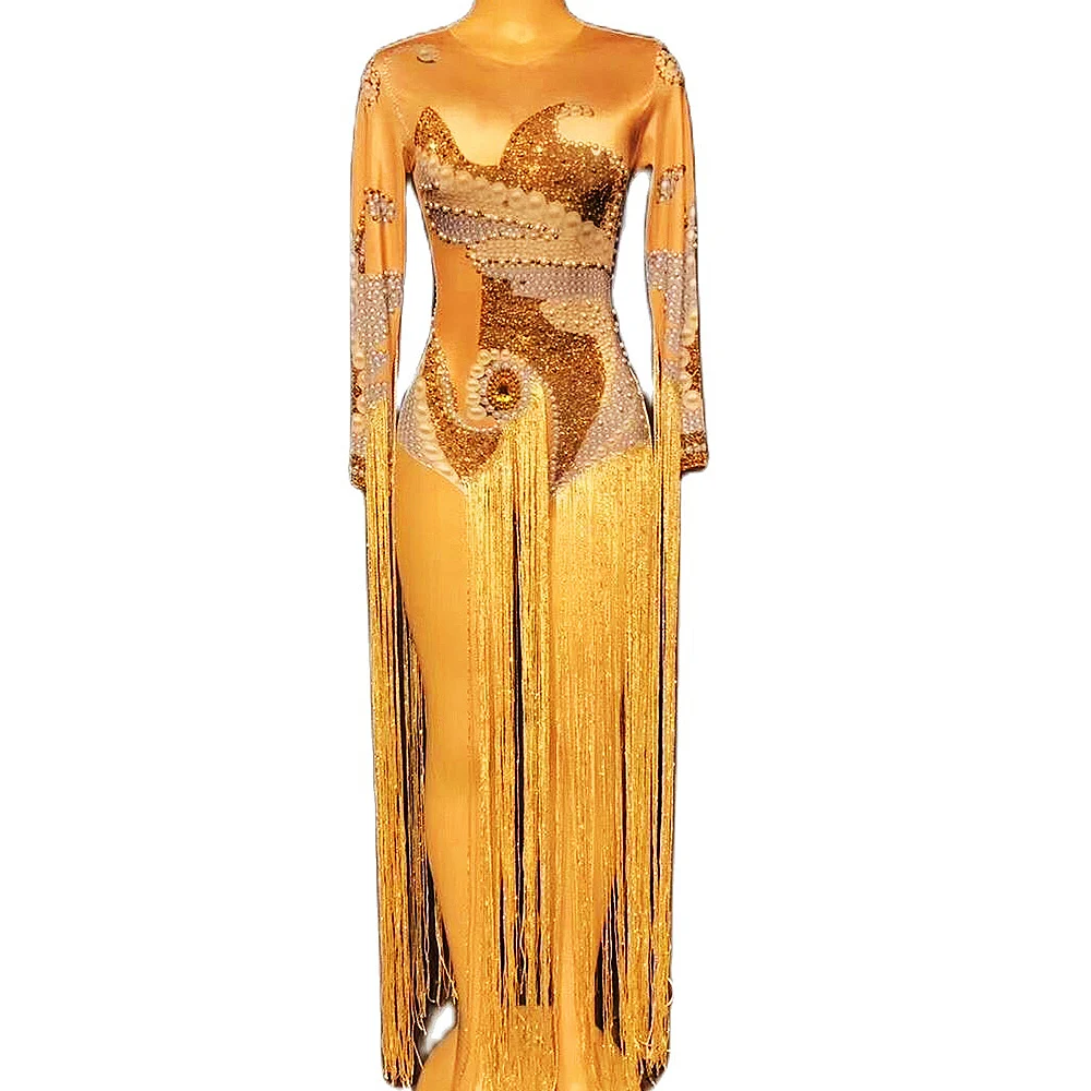 

Sparkling Diamonds Pearls Crystals Tassel Women Bodysuits Long SLeeve Backless Jumpsuits Nightclub Singer Dance Show Wear