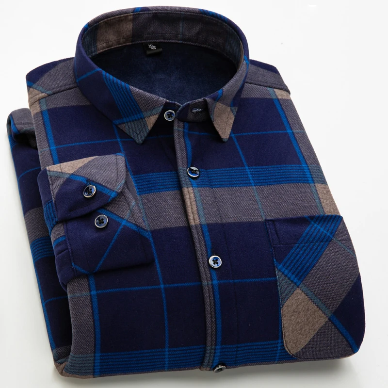 Men's Plaid Long Sleeve Shirt 2020 Autumn Winter Thicken Plus Velvet Warm Fashion Thick Casual / Size 6XL Blouse | Мужская одежда