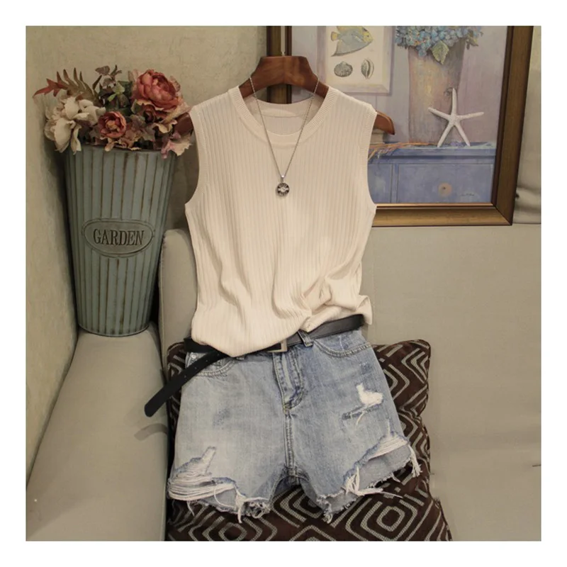 

Knitted Vests Women Top O-neck Solid Tank Fashion Female Sleeveless Casual Thin Tops Summer Knit Woman Shirt Gilet Femme