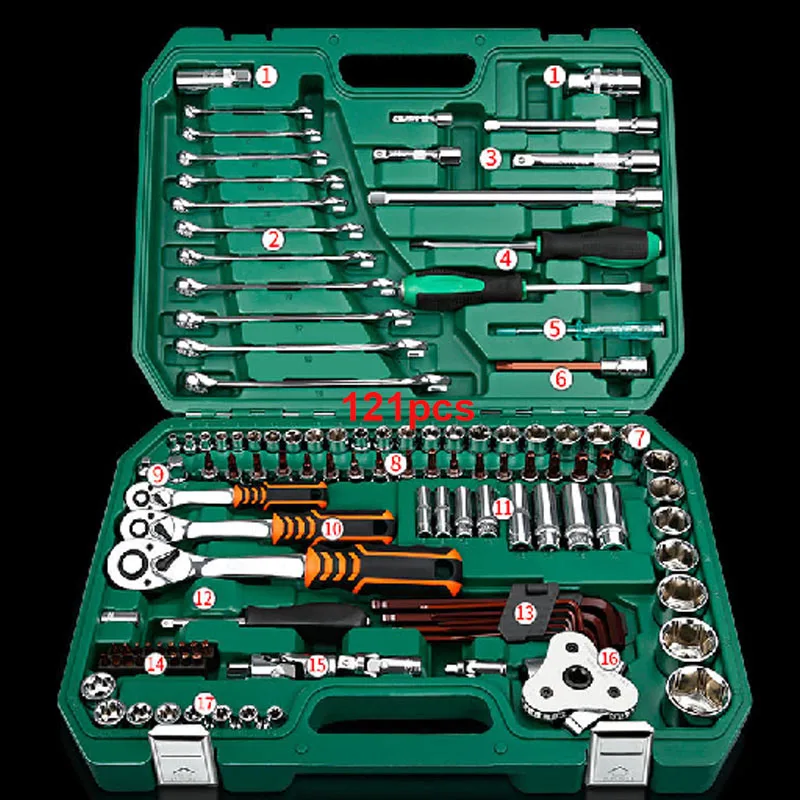 121pcs set Набор ручных инструментов, универсальный бытовой Автомобильный ремонтный набор инструментов с пластиковым ящиком для инструментов, чехол для хранения, торцевой ключ, отвертка - Цвет: 121pcs set