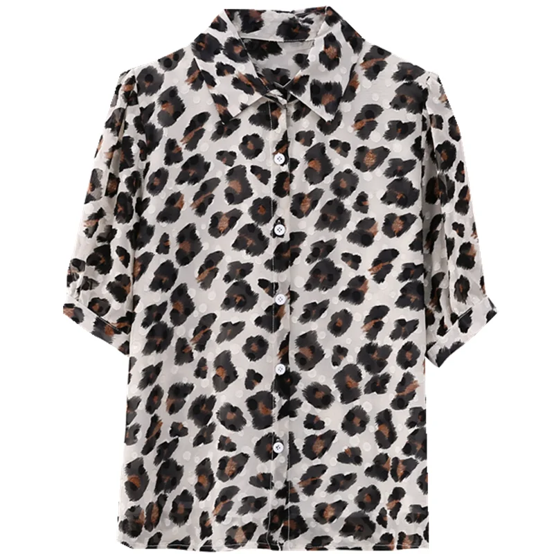

Women's Shirt Chiffon Blouses for Women Short Shirt Women's Clothing 2021 Leopard Polo Neck Blouse Female Dropshipping Shirts OL
