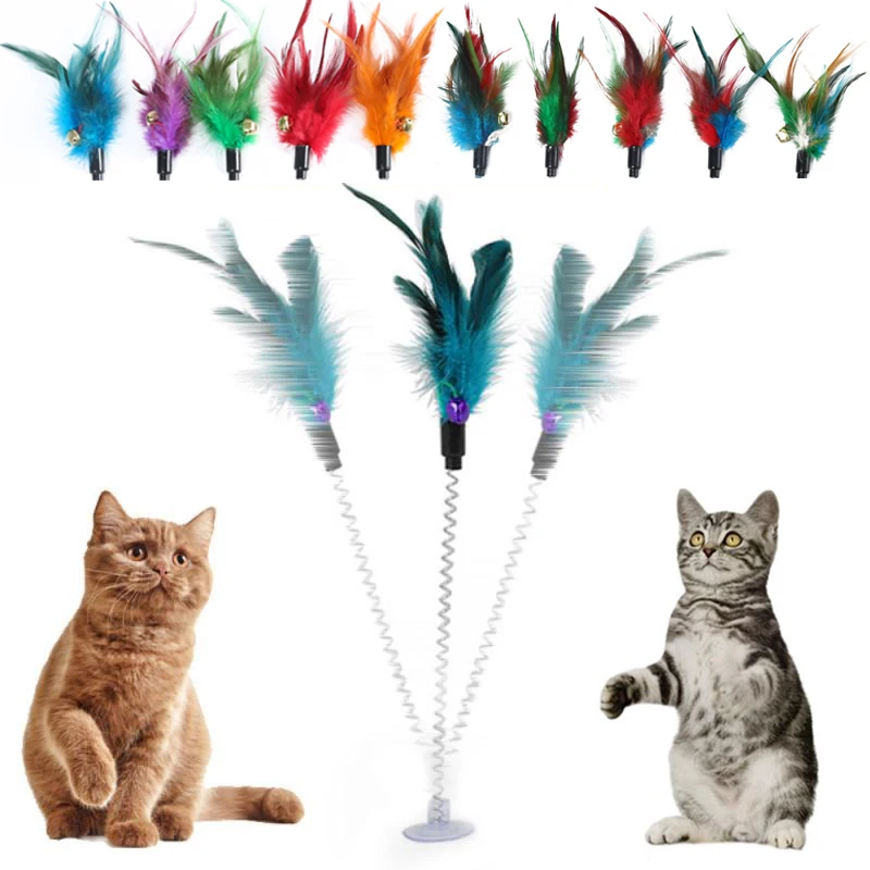 

Spring Pet Toy Elastic With Bell Spring Color Feather Bottom Sucker Pet Cat Toy Cat Accessories 1PC Random Color