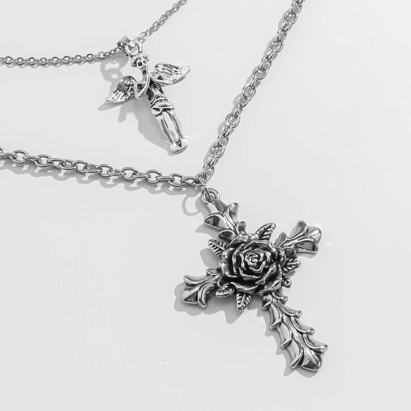 

POTCET Unisex Stainless Steel Rose Flower Cross Little Angel Steel Necklace Pendant Geometric Fashion Hip Hop Party Jewelry