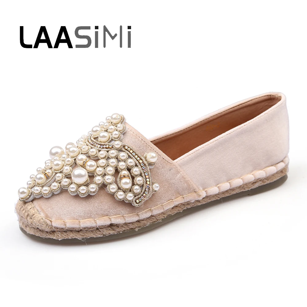 Женские эспадрильи LAASIMI туфли из флока на плоской подошве со шнуровкой и бусинами