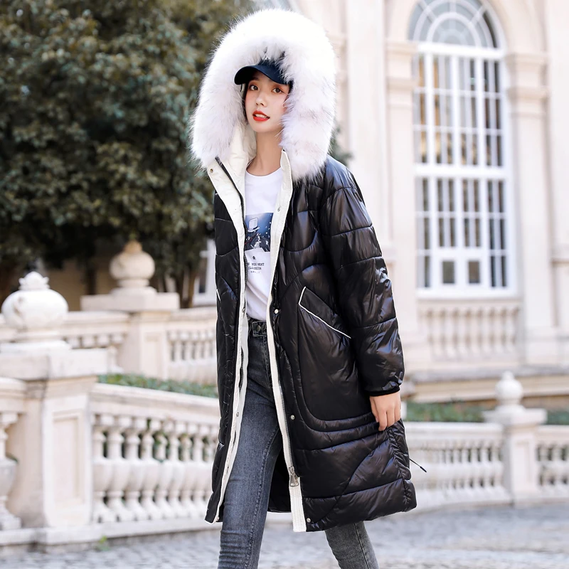 

Пальто с меховым капюшоном, хлопковое пальто средней длины с меховым воротником, теплое хлопковое пальто для зимы 2019