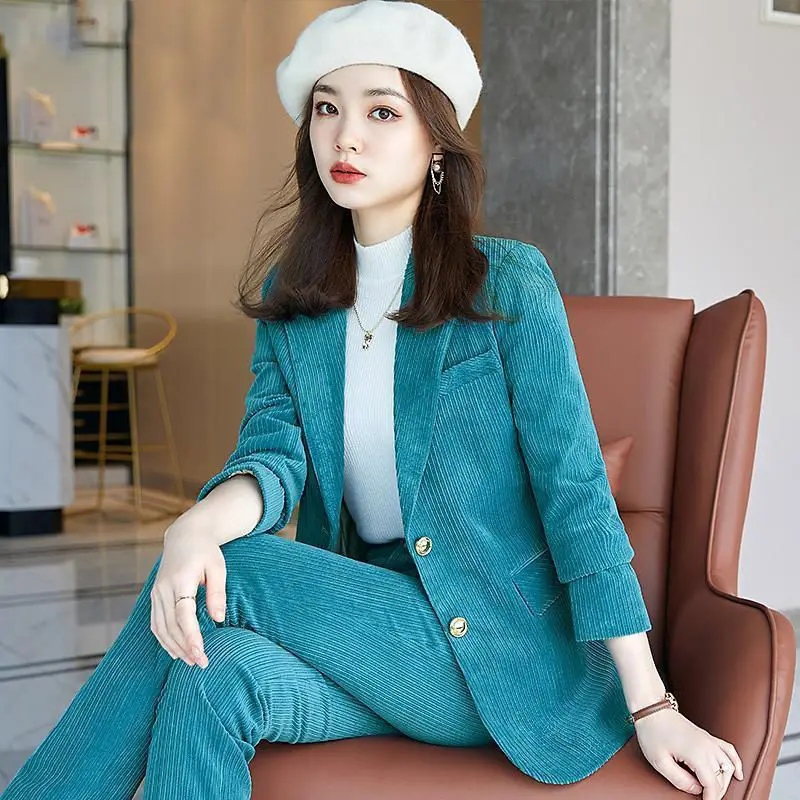 Ladies Autumn Corduroy Suit Jacket Plus Pants 2021 New Style Elegant Office Two Piece Outfits for Women Outfits for Women  L2631