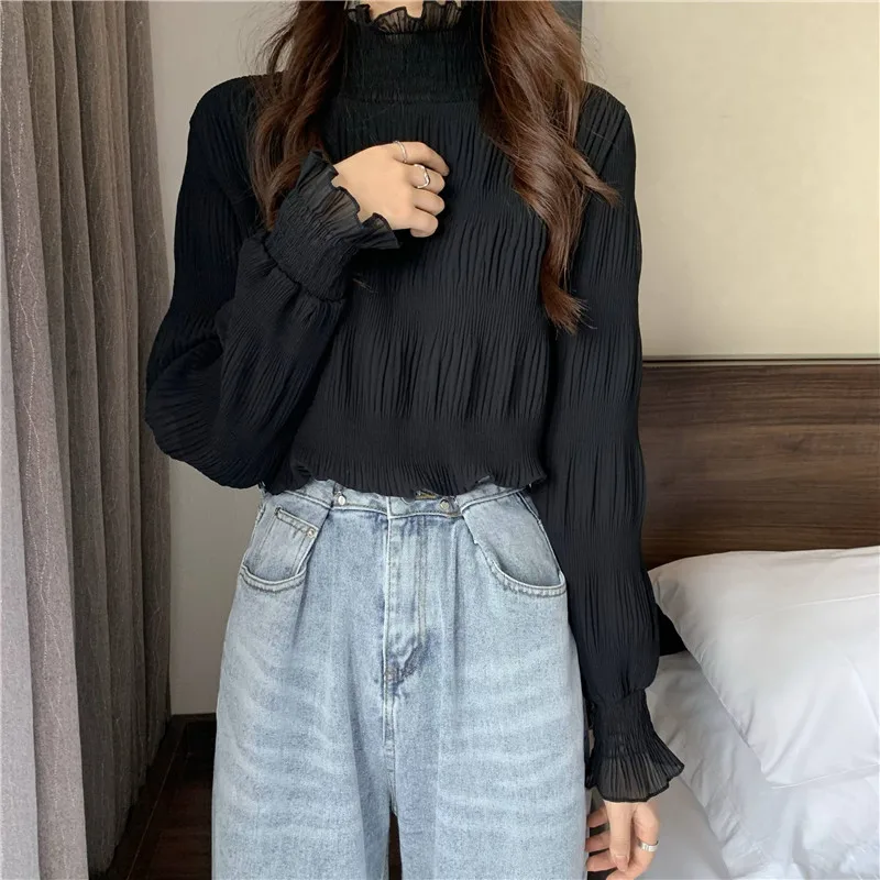 

High Neck Pullover Long Sleeve Blouse Women Solid Slim Lace Blusas Spring 2021 New All Match Shirt Feminino