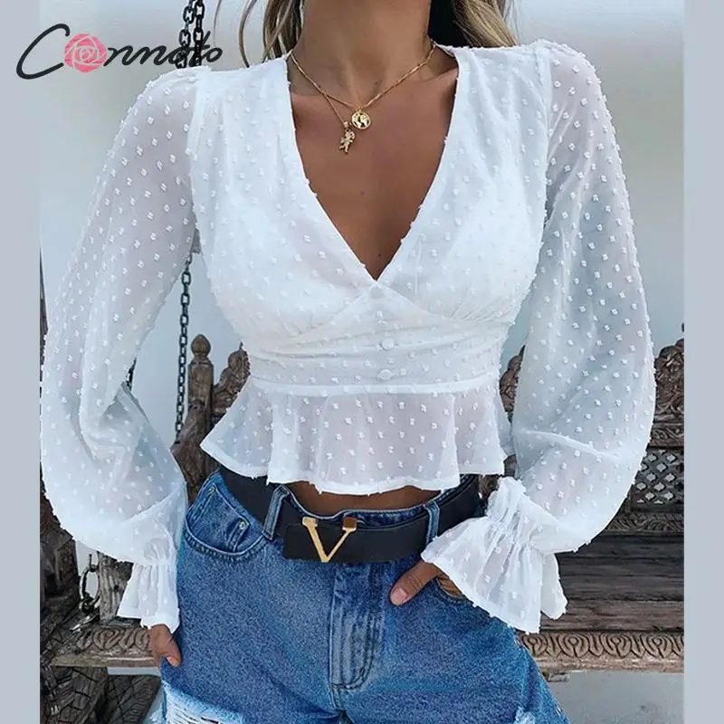 Conmoto сексуальные шифоновые пляжные летние белые рубашки Женские Прозрачные топы