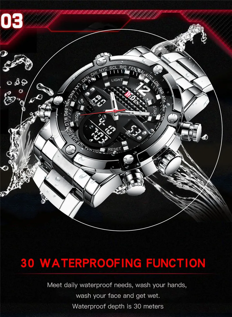 BIDEN Mens Watches Top Brand Quartz Watch for Male Wristwatch Silver Stainless Steel Links Waterproof Calendar Display 0112 | Наручные