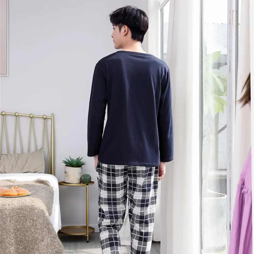 

New Autumn And Winter 100% Cotton Men's Pajamas Set Plus Size M-4XL Plaid Pyjama Long Sleeve Casual Male Sleepwear Suit