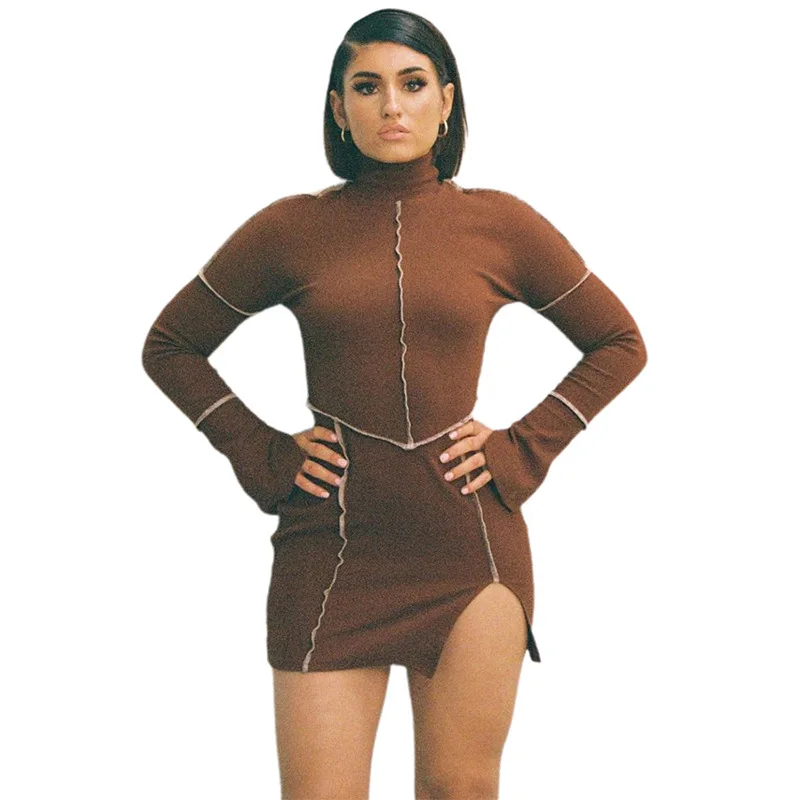 

Split Contrast Color Mini Dress Vogue Casual High Neck Hip Package Long Sleeve Short Robe Basic Bodycon Lady Streetwear Dresses