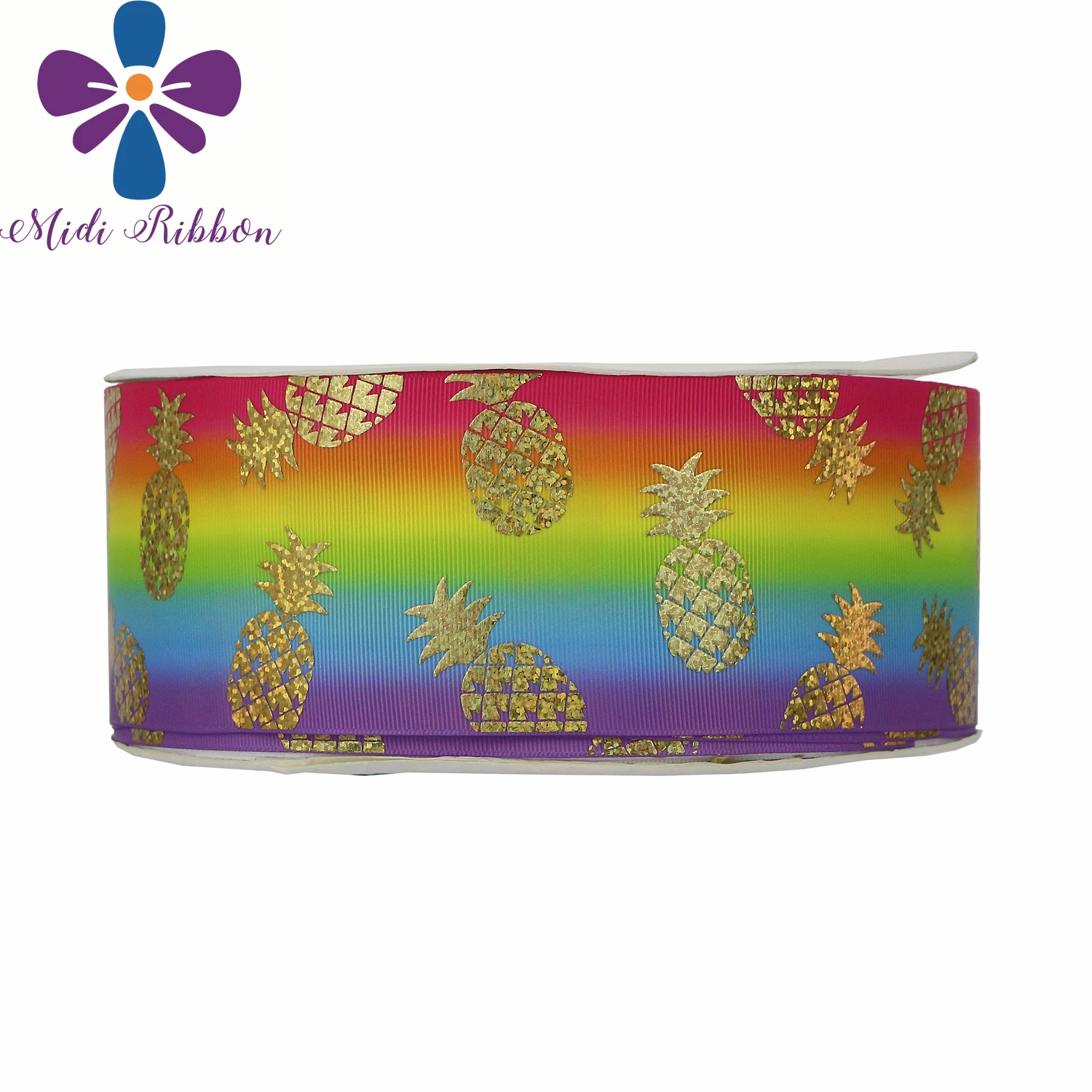 

3"75mm Pineapple Hologram Gold Foil Pink Stripes Printed Grosgrain Ribbon DIY Hair Bowknots Party Decor 50yards/roll