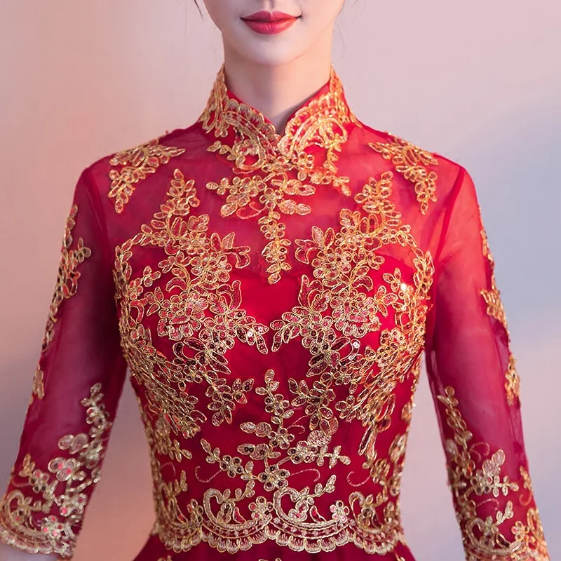 

Oriental Dresses Classic Women Dress Chinese Wedding Gown Cheongsam Long Qipao Bride Traditions red charming chinese dress