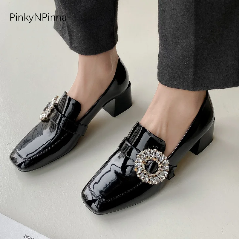 

luxury designer stylish women patent leather black pumps party office shining rhinestone crystal summer plus size chunk heels