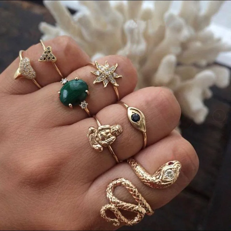 

Boho Vintage Women Rings Sets Gold Crystal Six Star Flower Snake Rings Set for Women Fashion Charm Water Drop Rings Jewelry Gift