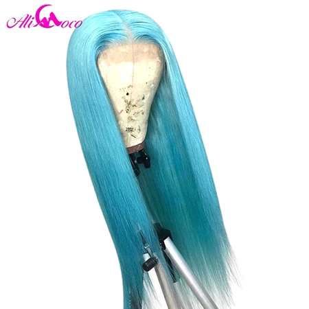Light Bule Ali Coco Colored Wigs 13X4 Straight Light Blue Lace Front Human Hair Wig Orange Straight Hair Wigs Preplucked For Black Women - Цвет: Light Bule
