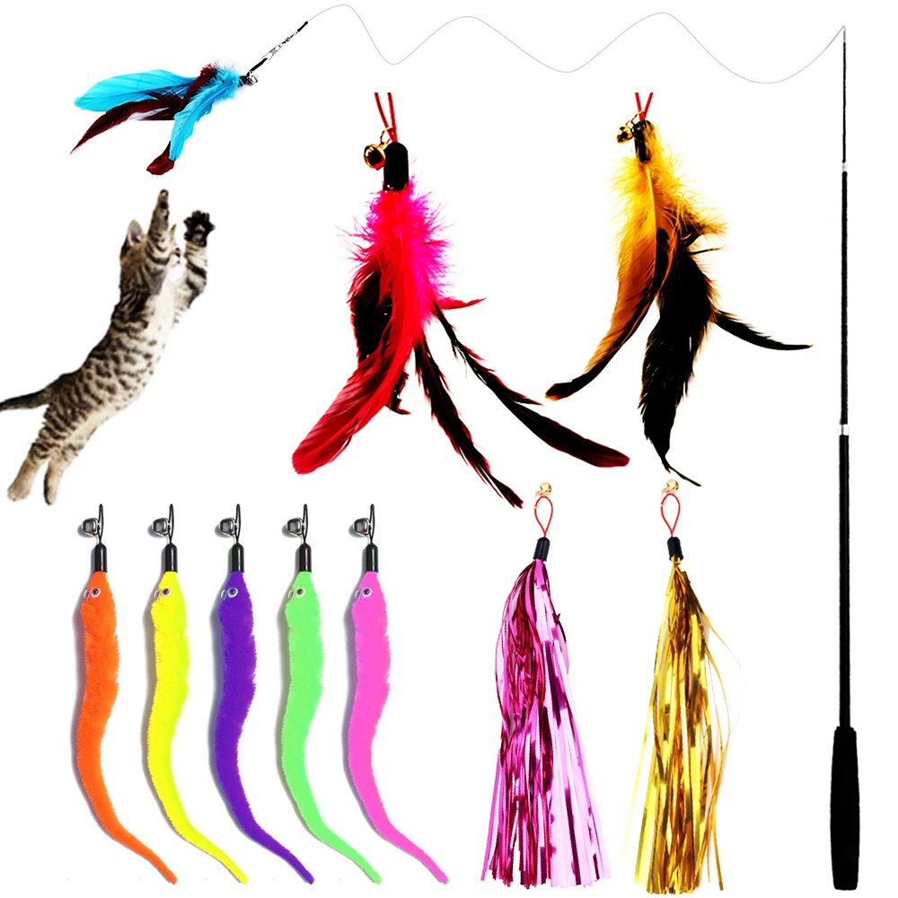 

Cat Funny Interactive Toy Retractable Kitty Wand with 8PCS Assorted Bell Teaser Refills for Indoor Kitten Motion Play Chase