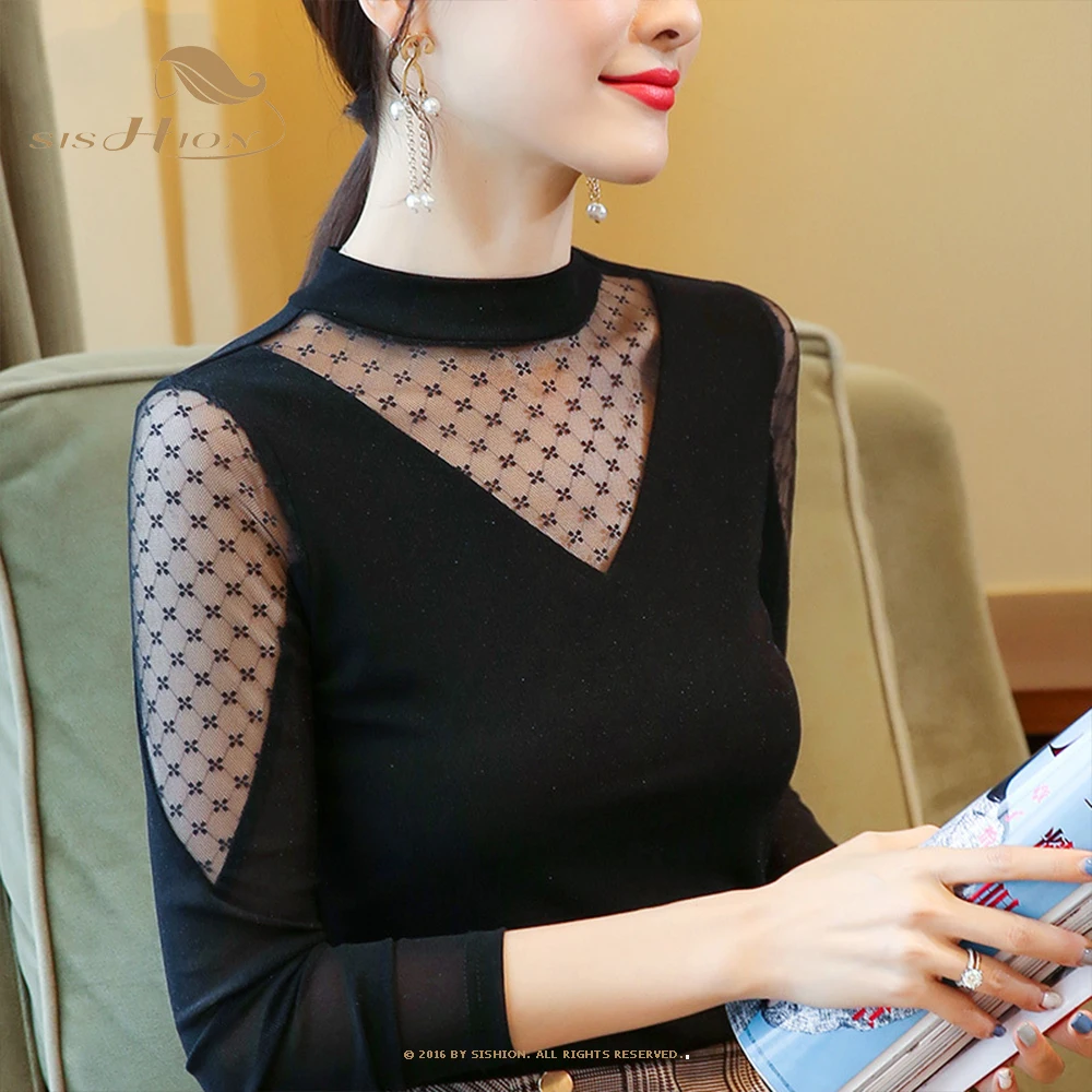 

Черная блузка SISHION большого размера, рубашка из тюля, пикантная прозрачная блуза, новинка 2022, повседневная женская рубашка VD2610