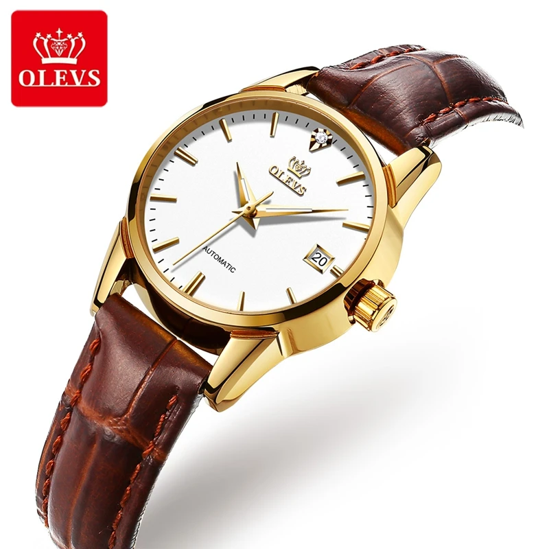 OLEVS Brand Women's Automatic Watch Leather Strap Design Mechanical Watches for Ladies Luxe Clock relojes para mujer