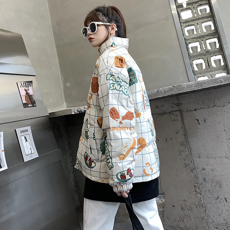 

New Parkas Down Jackets Women Harajuku Winter Cartoon Design Double Sides Wear Zipper Coats Paraks Warm Clothes Women 2020