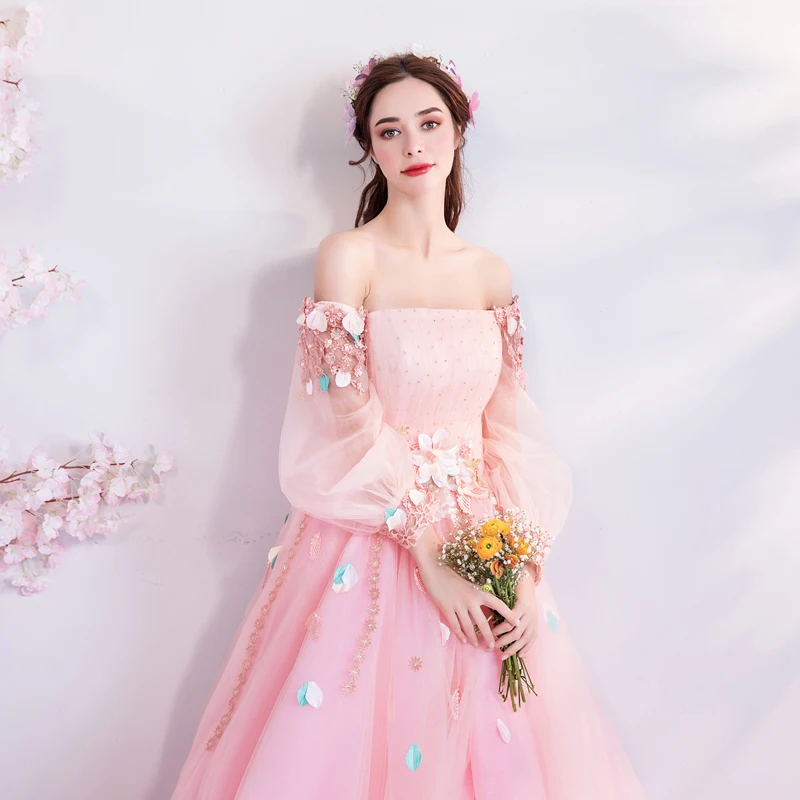 Розовое Цветочное платье для выпускного вечера длинные рукава ТРАПЕЦИЕВИДНОЕ