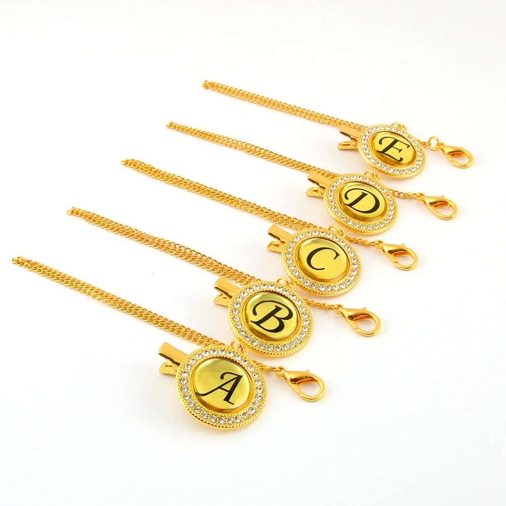 Clip dorado para chupete de beb&eacute;, soporte de cadena para chupete de beb&eacute;, con cualquier iniciales, Cadenas de Metal seguras-1