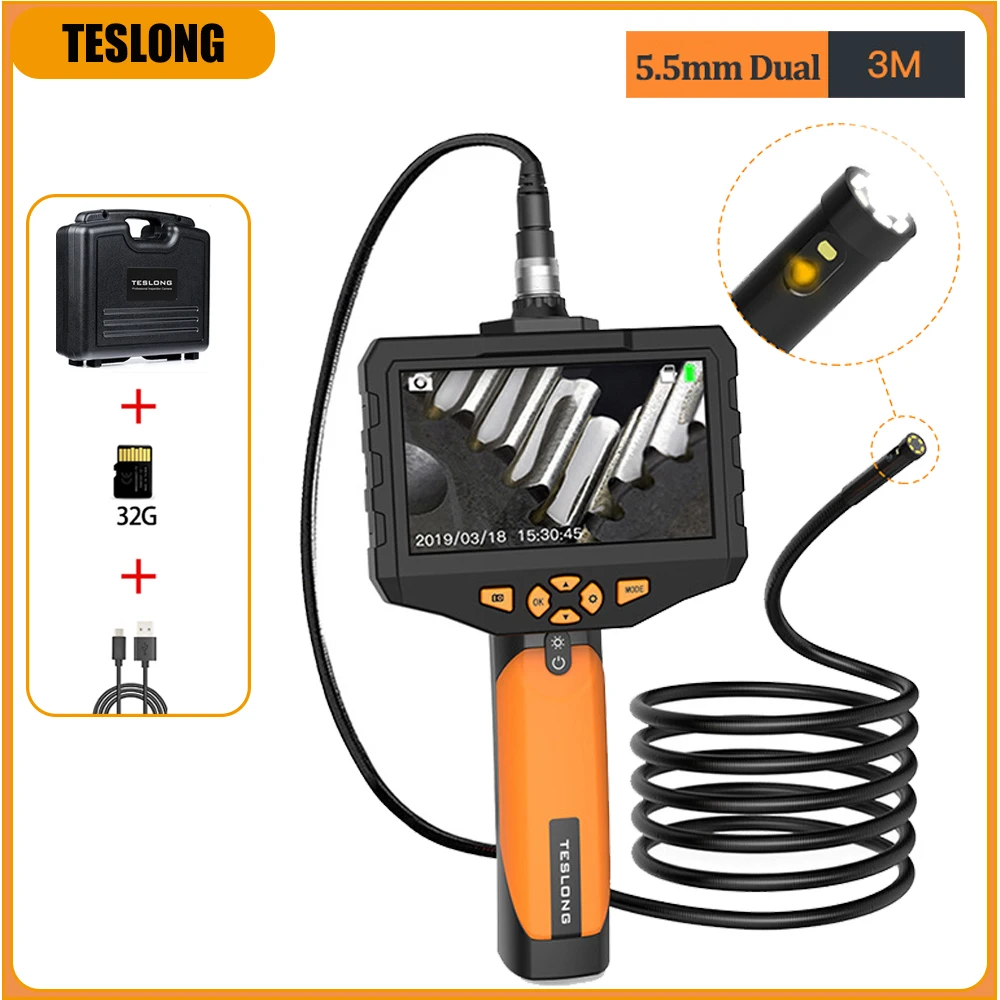TESLONG 4.5'' IPS Screen Inspection Camera 5.5mm Dual lens Digital Industrial Endoscope 3m Snake Tube IP67 32G Card | Инструменты