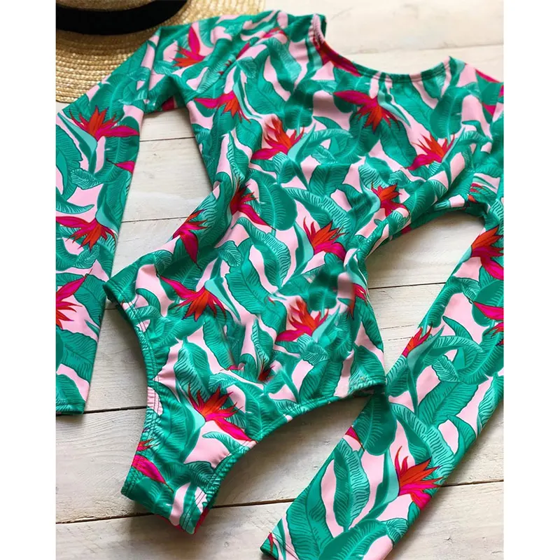Pinkgreen Новинка, сексуальный цельный купальник, пуш-ап, женская одежда для плавания, монокини, длинный рукав, купальник, купальник, женская летняя пляжная одежда - Цвет: Pinkgreen