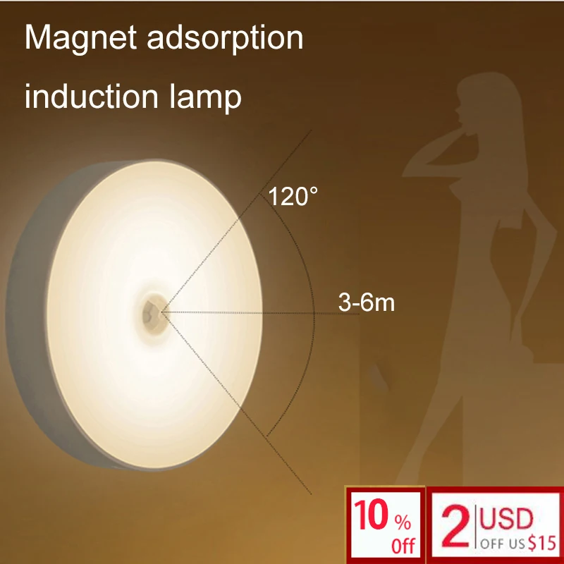 Магнит адсорбции 6LED ночник с датчиком движения лампа USB зарядка ванная коридор