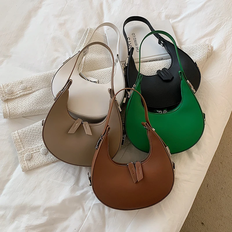 

Half-Moon Green PU Leather Crossbody Bags with Short Handle for Women 2021 Handbag and Purses Small Shoulder Totes