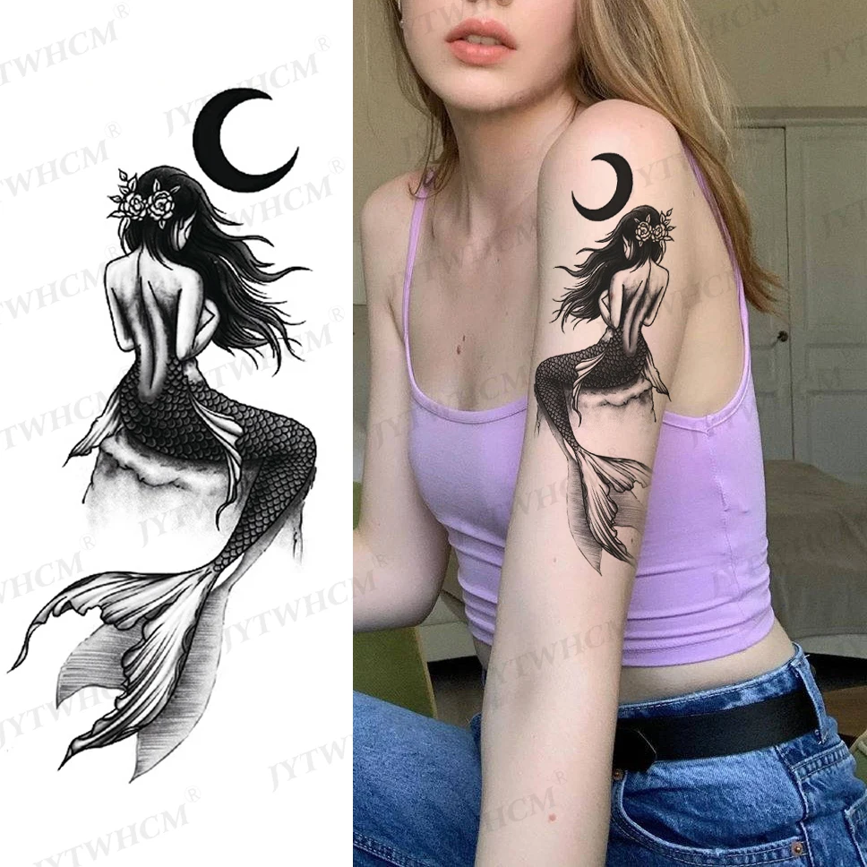 

Mermaid Tattoo Temporary Waterproof Stickers Black Flowers Rose Flash Sexy Fake Tattoo Arm Body Chest Tatto Art for Women Girl