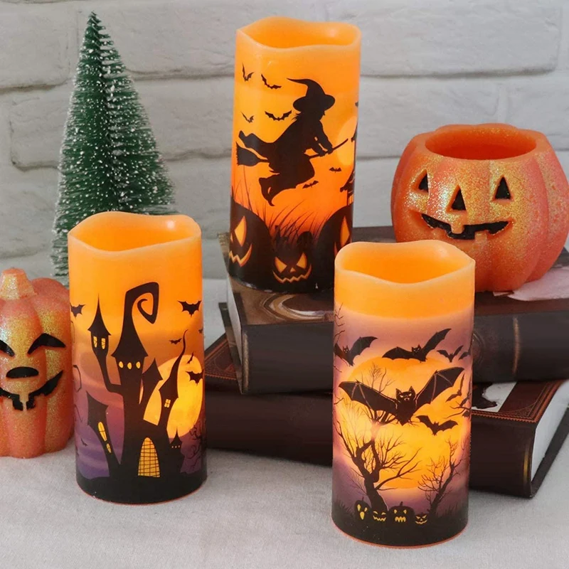 

HOT-Halloween Flickering Flameless LED Candles with 6 Hour Timer, Battery Operated,Bats,Castle,Witch Decal,3 Pack(3X6 Inch)