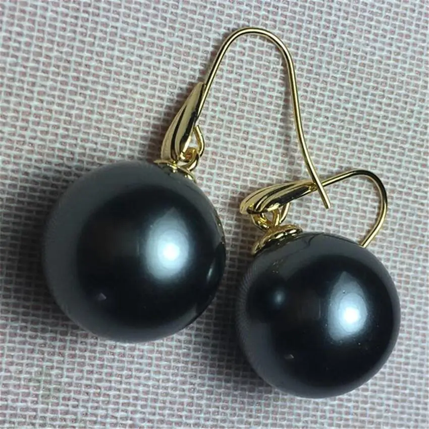 16mm Black Circular Shell Pearl Earrings 18K Hook flawless natural fashion noble Mesmerizing AAA