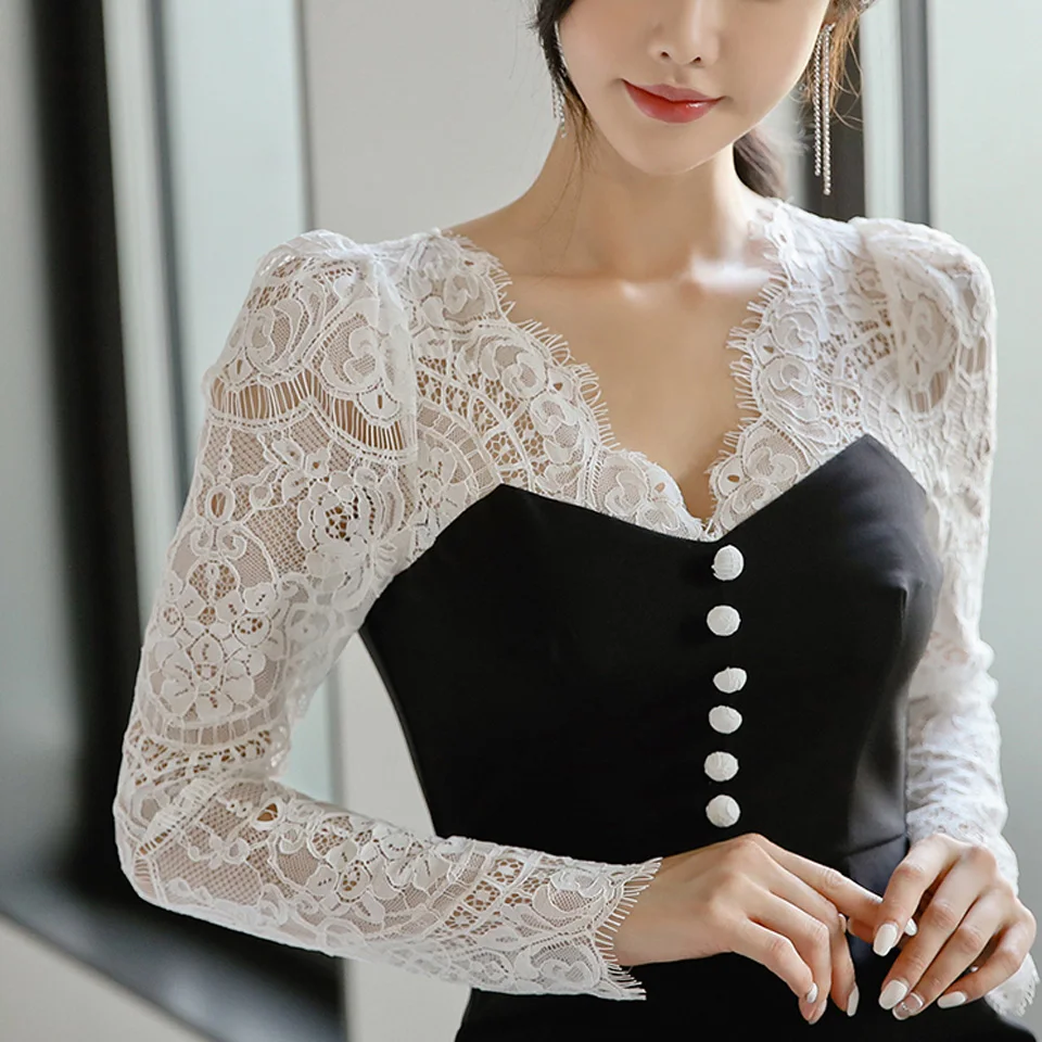 Женское офисное платье с длинным рукавом элегантное черное ажурное V-образным