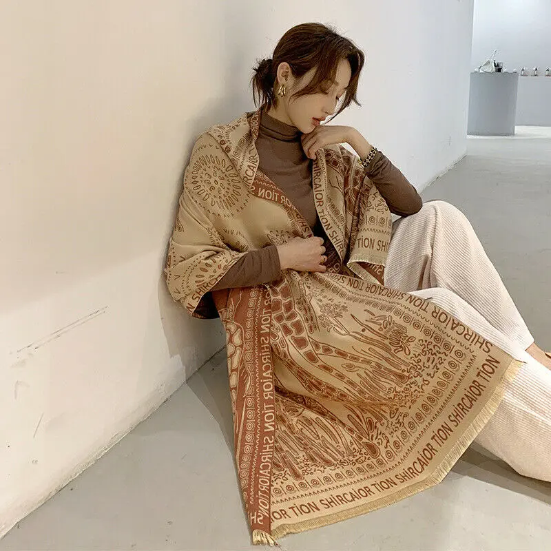 

Длинный шарф из искусственного кашемира, Женский винтажный роскошный жираф, зимняя теплая шаль, бандана 190*60 см