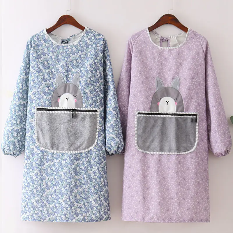 Adult Cute Pure Cotton Home Korean Apron Long Sleeve Breathable Women's Kitchen Cooking Anti-wearing Overalls enlarge