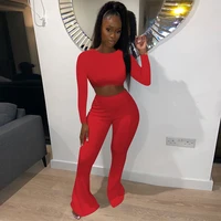 sexy ribbed two piece sets long sleeve o neck crop top and back lace up hollow flare long pants women tracksuit fashion clothes
