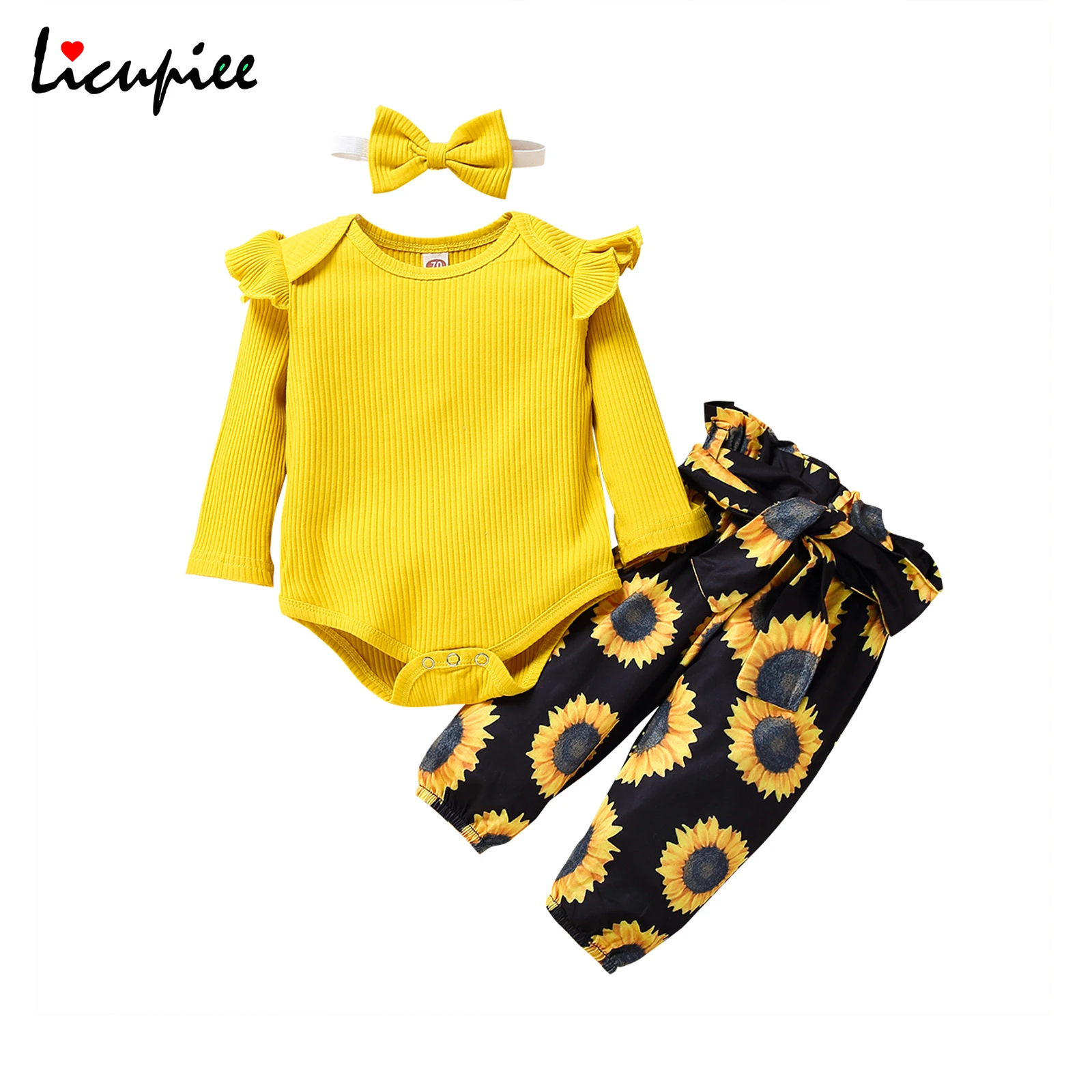 

Children's Three Piece Set Toddler's Solid Fly Sleeve Romper Kid's Pants Butterfly Sunflower Printed Bow Hairband 0-18 Months